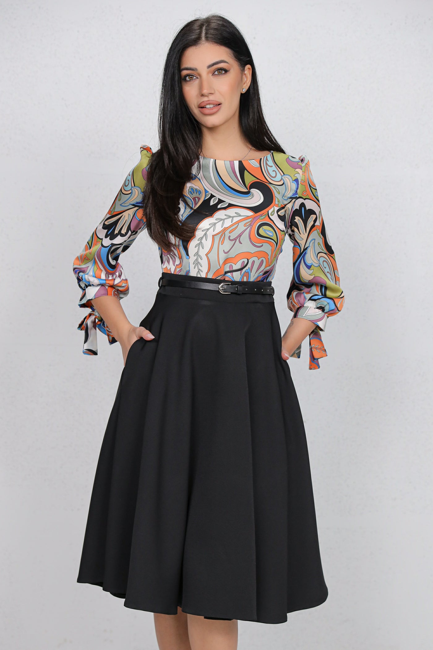 Rochie MBG neagra cu bust imprimat si curea detasabila