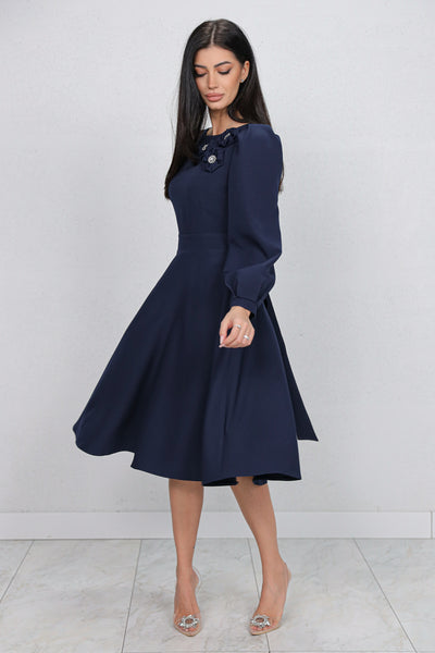 Rochie MBG bleumarin cu flori 3D pe umar si decupaj pe spate