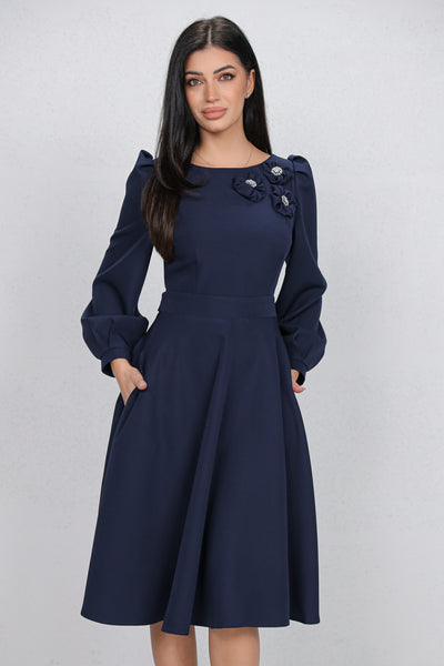 Rochie MBG bleumarin cu flori 3D pe umar si decupaj pe spate