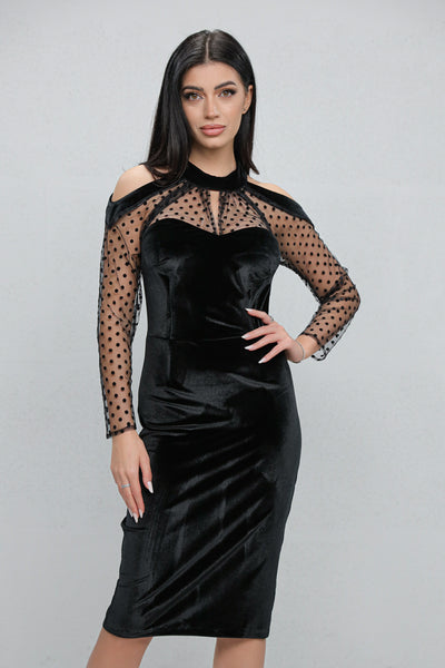 Rochie MBG neagra din catifea cu maneci din tull cu buline si decupaj pe umar