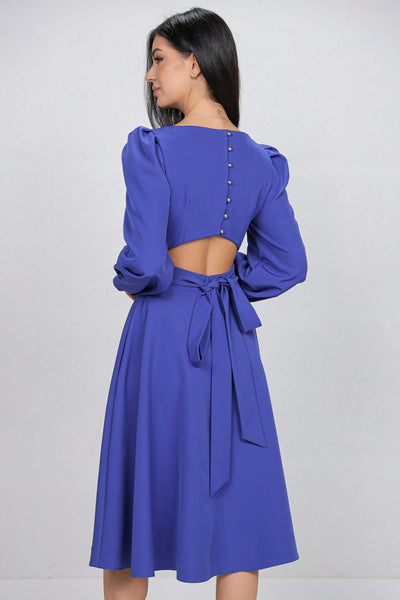 Rochie MBG albastra cu flori 3D pe umar si decupaj pe spate