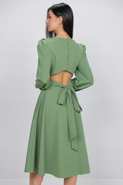 Rochie MBG olive cu flori 3D pe umar si decupaj pe spate