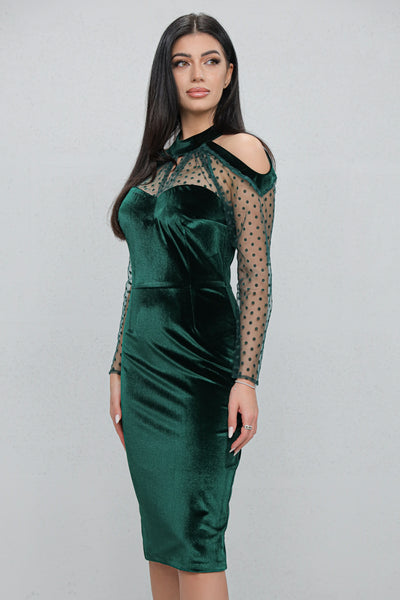 Rochie MBG verde din catifea cu maneci din tull cu buline si decupaj pe umar