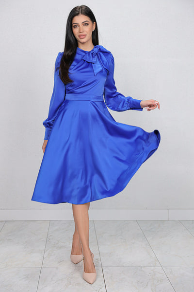 Rochie MBG albastra satinata cu funda la gat
