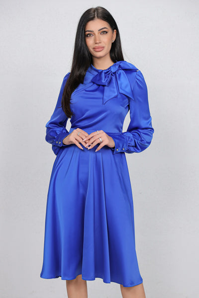 Rochie MBG albastra satinata cu funda la gat