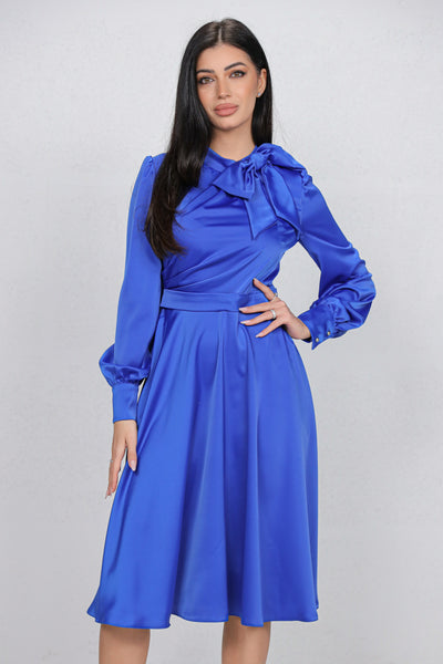 Rochie MBG albastra satinata cu funda la gat