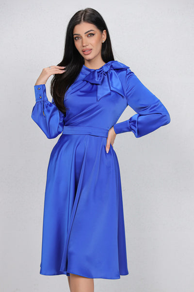 Rochie MBG albastra satinata cu funda la gat