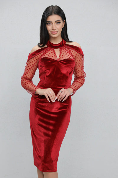 Rochie MBG rosie din catifea cu maneci din tull cu buline si decupaj pe umar