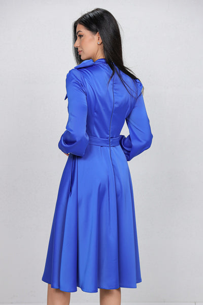 Rochie MBG albastra satinata cu funda la gat