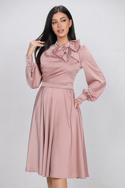 Rochie MBG roz satinata cu funda la gat