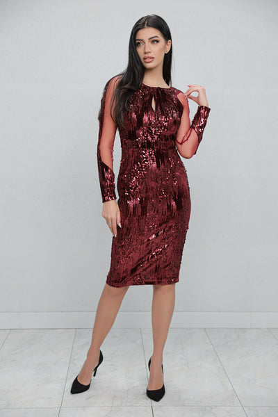 Rochie MBG bordeaux din paiete si decupaj din tull pe maneci