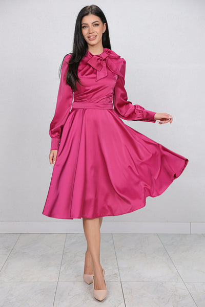 Rochie MBG magenta satinata cu funda la gat