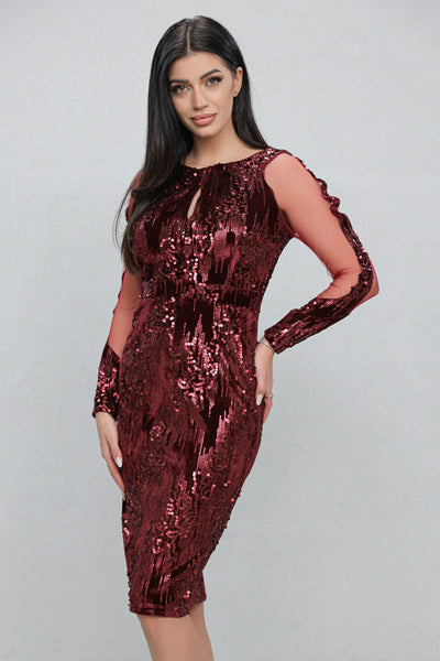 Rochie MBG bordeaux din paiete si decupaj din tull pe maneci