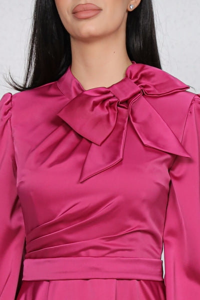 Rochie MBG magenta satinata cu funda la gat