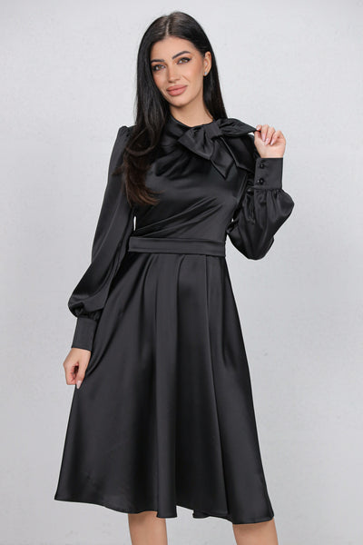 Rochie MBG neagra satinata cu funda la gat