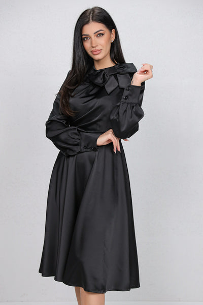 Rochie MBG neagra satinata cu funda la gat