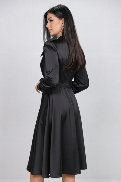 Rochie MBG neagra satinata cu funda la gat
