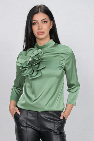 Bluza MBG satinata olive cu floare maxi