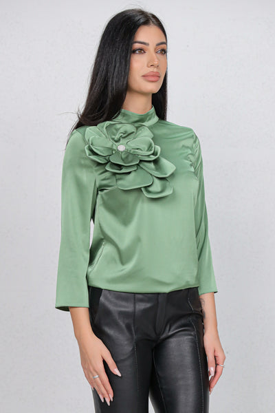 Bluza MBG satinata olive cu floare maxi