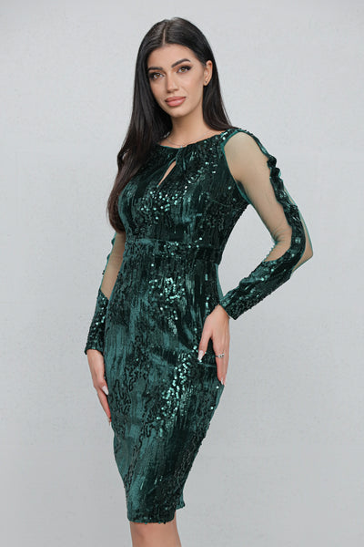 Rochie MBG verde din paiete si decupaj din tull pe maneci