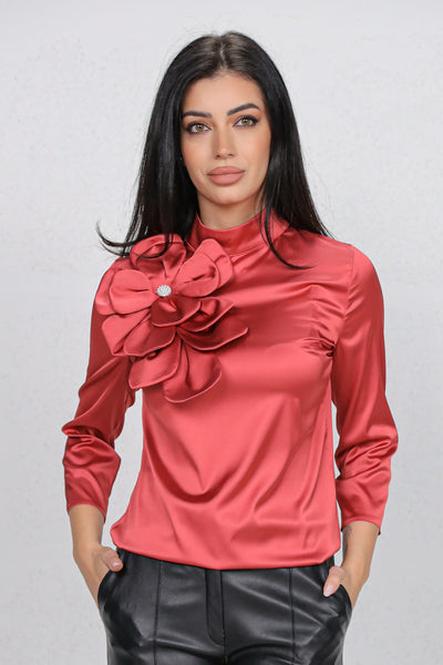 Bluza MBG satinata caramizie cu floare maxi
