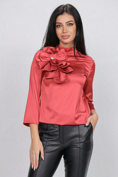 Bluza MBG satinata caramizie cu floare maxi