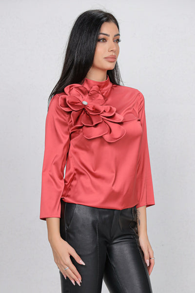 Bluza MBG satinata caramizie cu floare maxi