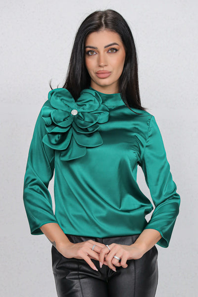 Bluza MBG satinata verde cu floare maxi