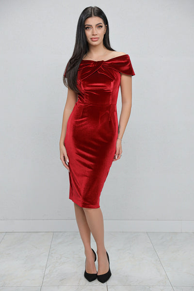 Rochie MBG bordo pe umeri cu funda la bust