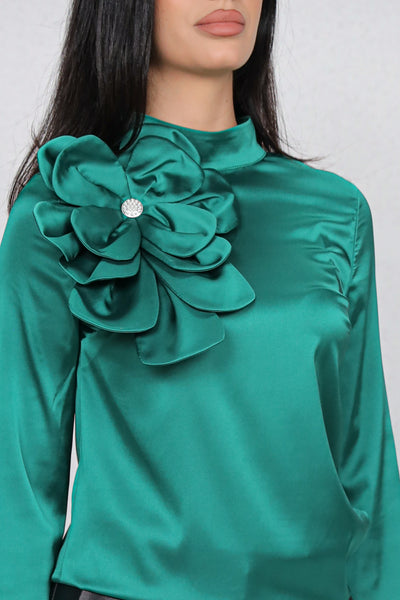 Bluza MBG satinata verde cu floare maxi