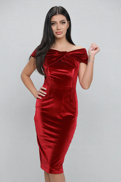 Rochie MBG bordo pe umeri cu funda la bust