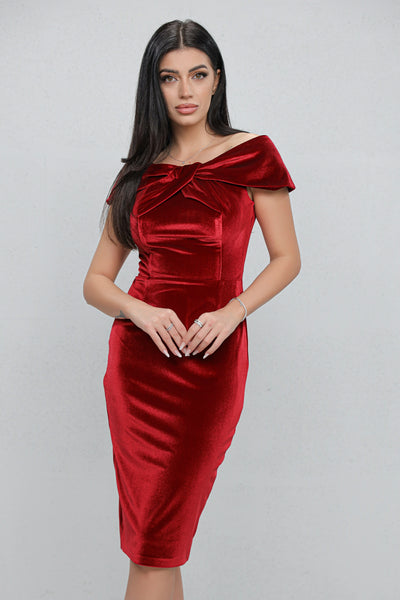 Rochie MBG bordo pe umeri cu funda la bust