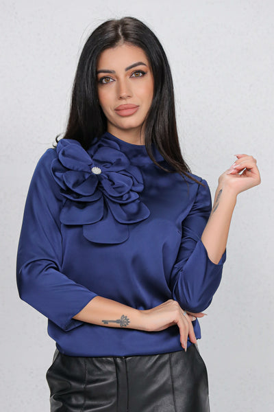 Bluza MBG satinata bleumarin cu floare maxi