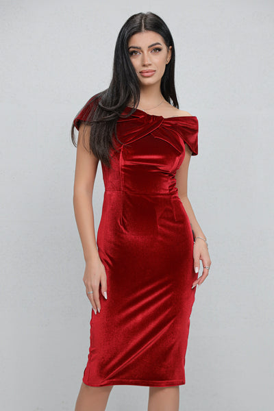 Rochie MBG bordo pe umeri cu funda la bust