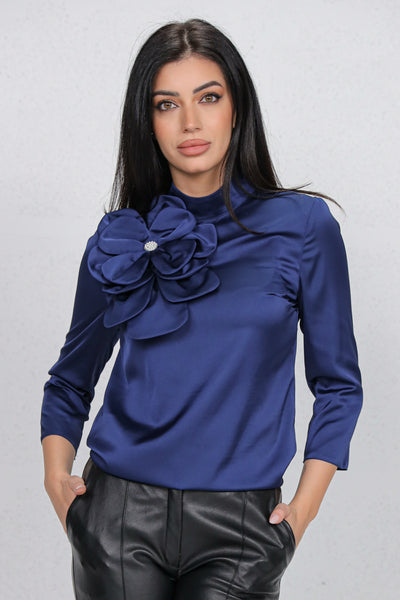 Bluza MBG satinata bleumarin cu floare maxi