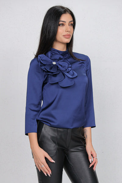 Bluza MBG satinata bleumarin cu floare maxi