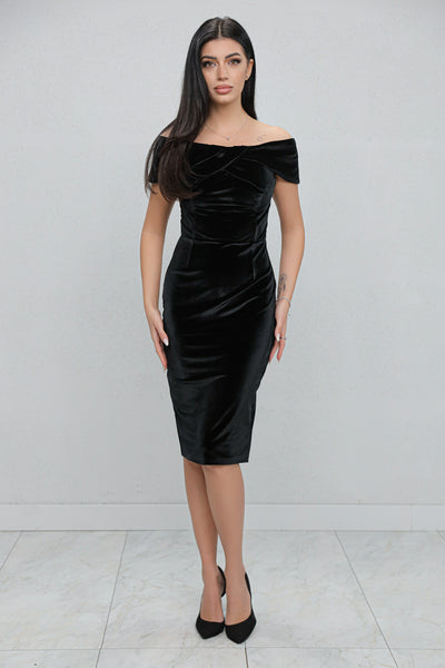 Rochie MBG neagra pe umeri cu funda la bust