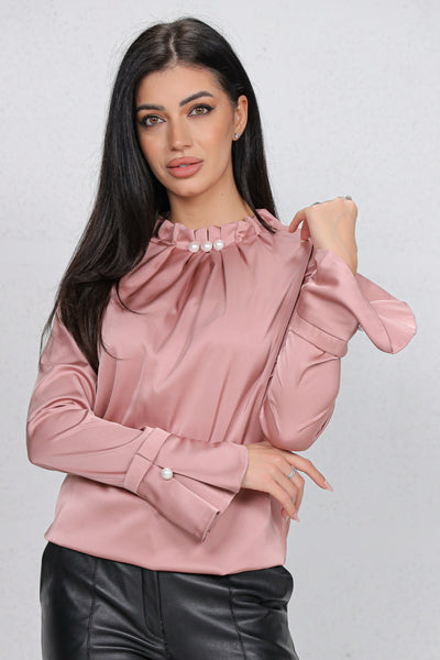 Bluza MBG roz satinata cu perle la gat