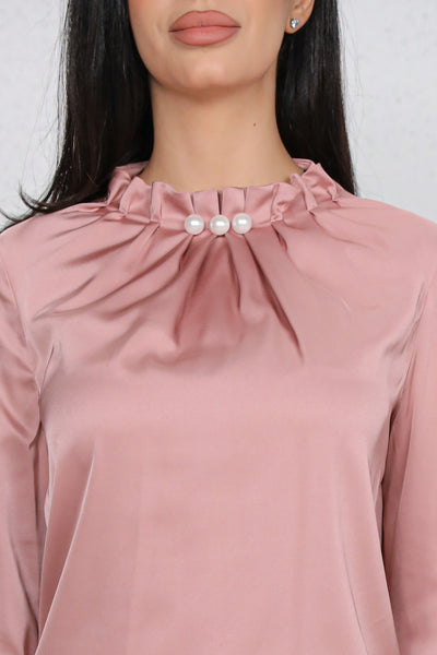 Bluza MBG roz satinata cu perle la gat