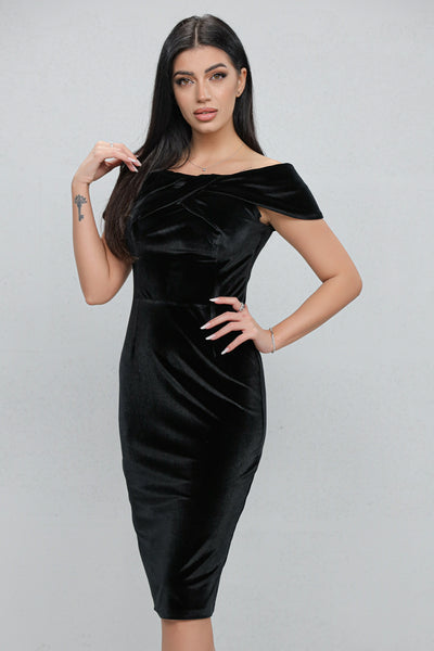 Rochie MBG neagra pe umeri cu funda la bust