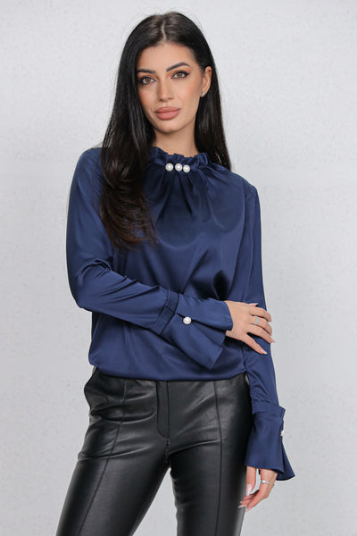 Bluza MBG bleumarin satinata cu perle la gat