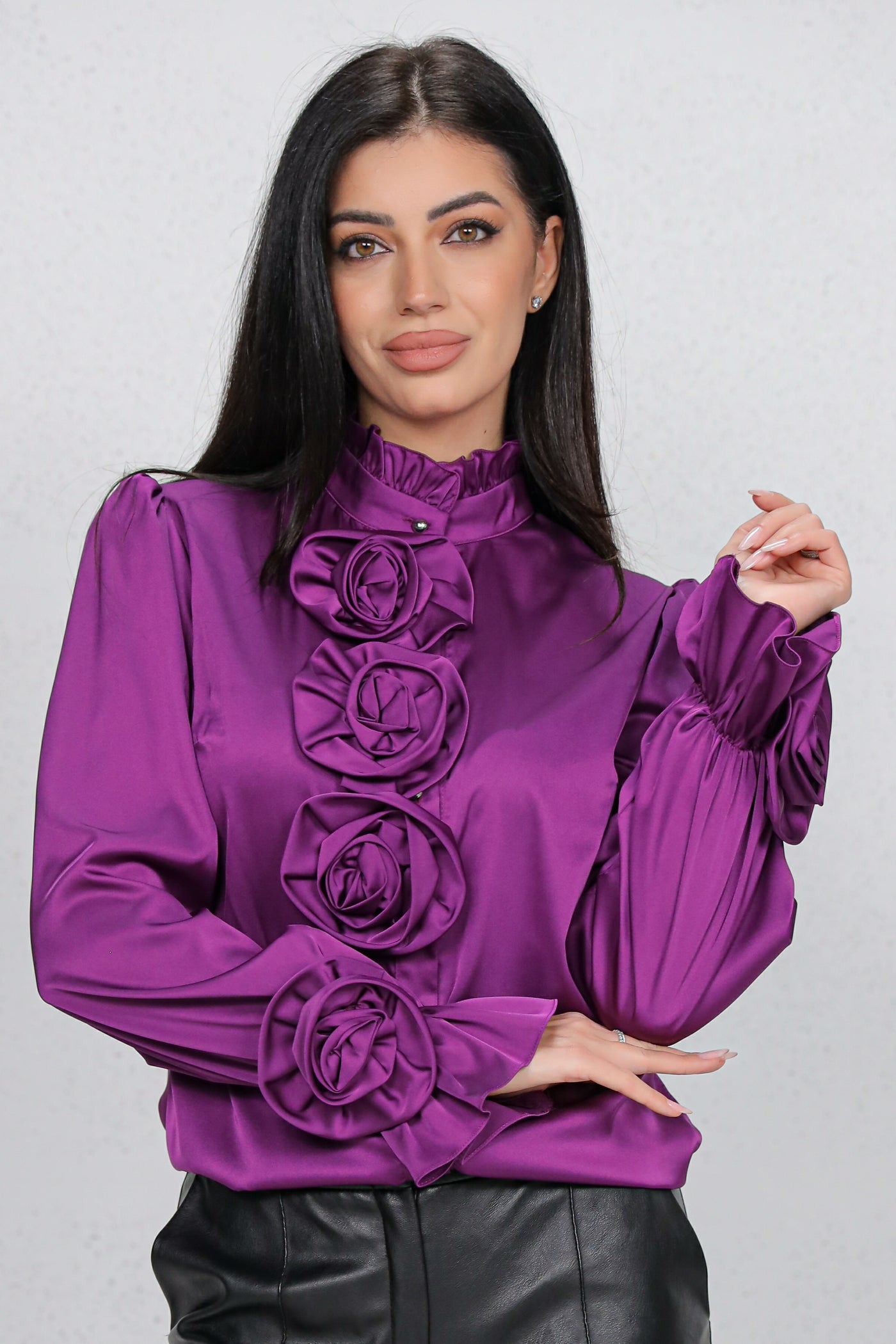 Camasa MBG mov satinat cu trandafiri 3D