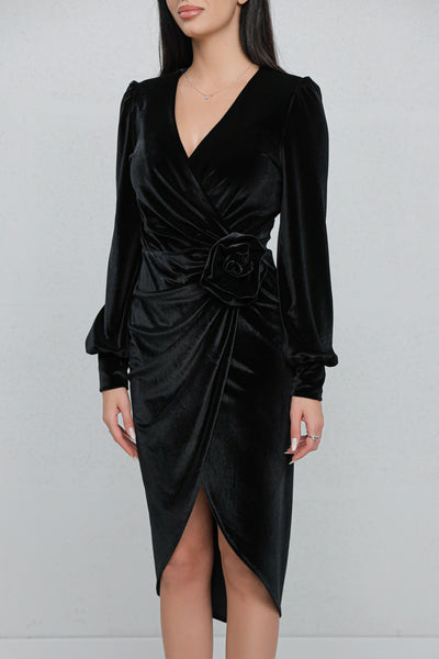 Rochie MBG neagra din catifea petrecuta tip lalea cu floare 3D in talie