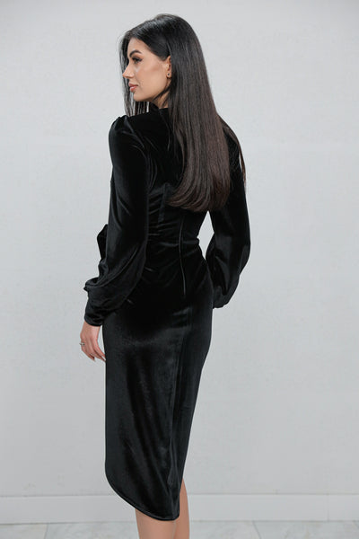 Rochie MBG neagra din catifea petrecuta tip lalea cu floare 3D in talie