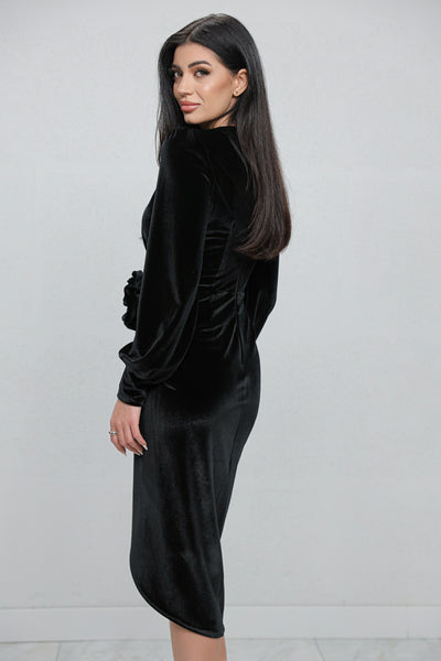 Rochie MBG neagra din catifea petrecuta tip lalea cu floare 3D in talie