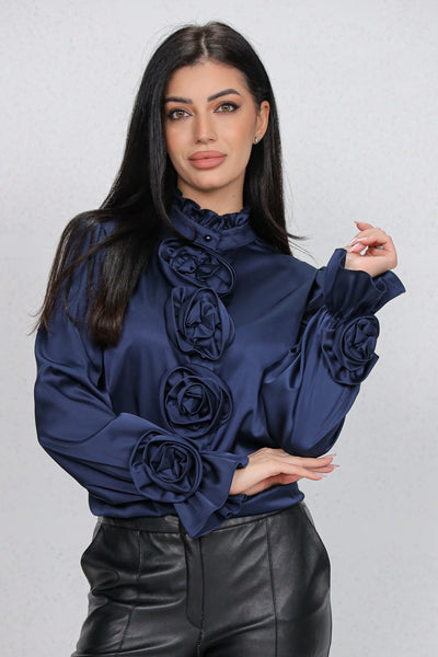 Camasa MBG bleumarin satinat cu trandafiri 3D