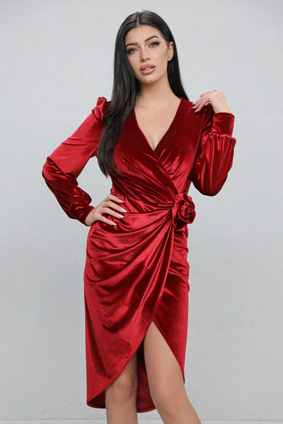 Rochie MBG bordo din catifea petrecuta tip lalea cu floare 3D in talie