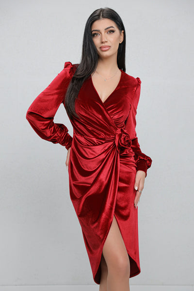 Rochie MBG bordo din catifea petrecuta tip lalea cu floare 3D in talie