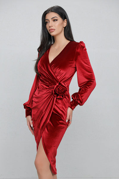 Rochie MBG bordo din catifea petrecuta tip lalea cu floare 3D in talie