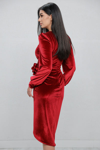 Rochie MBG bordo din catifea petrecuta tip lalea cu floare 3D in talie